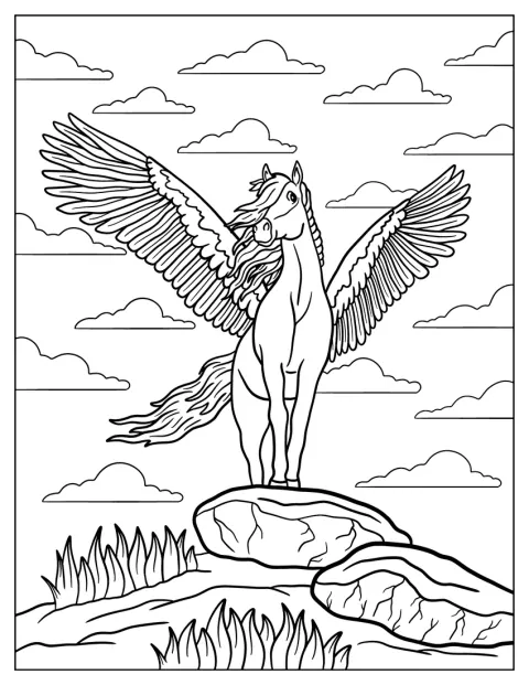 Un Pegaso permanece de pie sobre una roca.