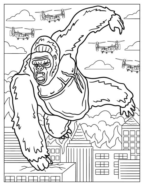 King Kong da un gran salto por encima de un edificio.