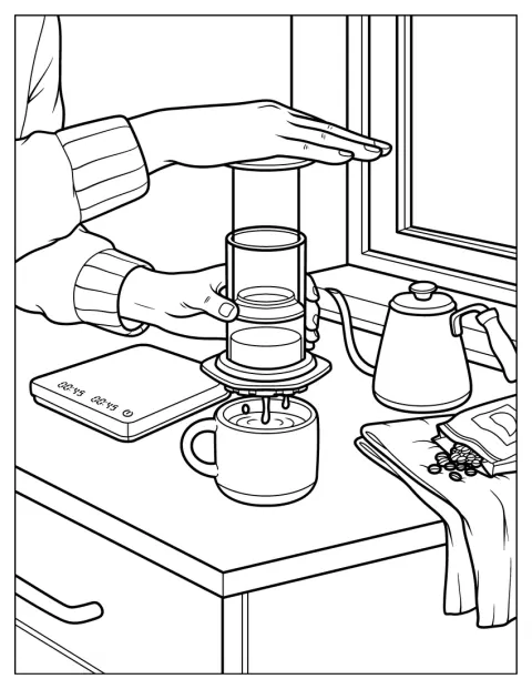 O cafetieră AeroPress prepară cafea lângă o fereastră.