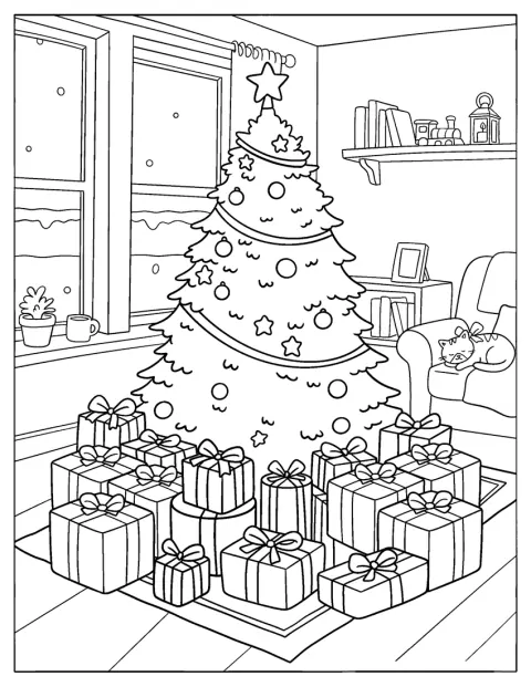 Vários presentes rodeiam uma árvore de Natal decorada.
