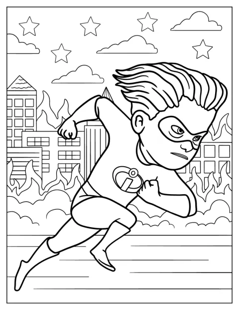 Incredibles Coloring Page Of The Dash Running Through Burning City