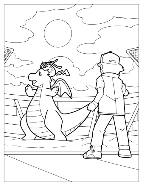 Ash Ketchum en Pikachu staan met Dragonite in een Pokémon-gevechtsarena.