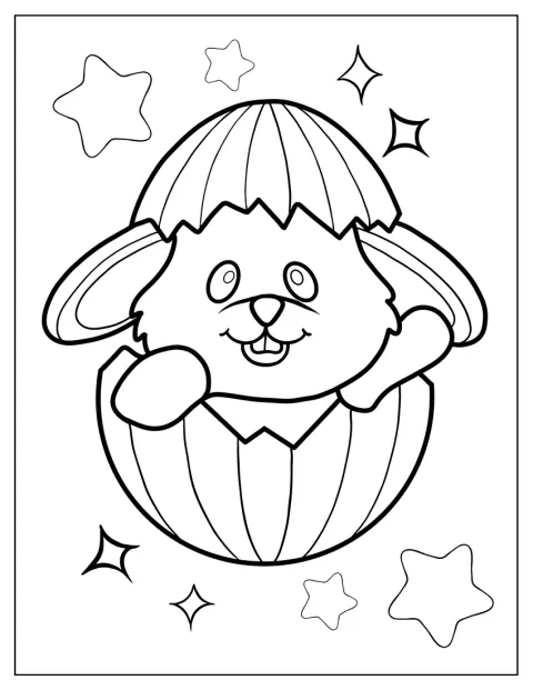 Un lapin kawaii sort d’un œuf de Pâques à rayures.