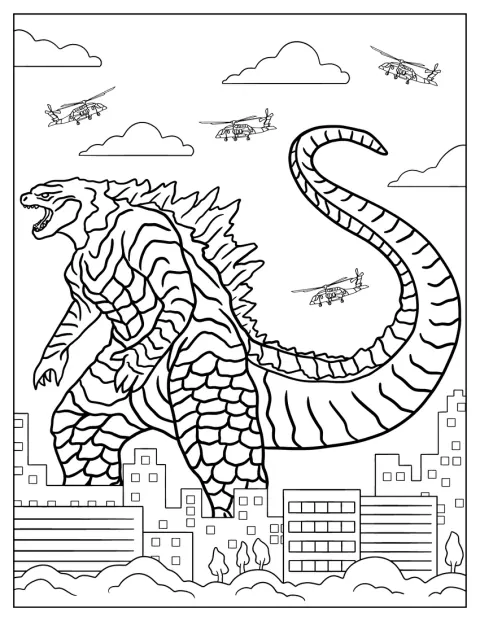 Godzilla se alza en la ciudad mientras varios helicópteros sobrevuelan los edificios.