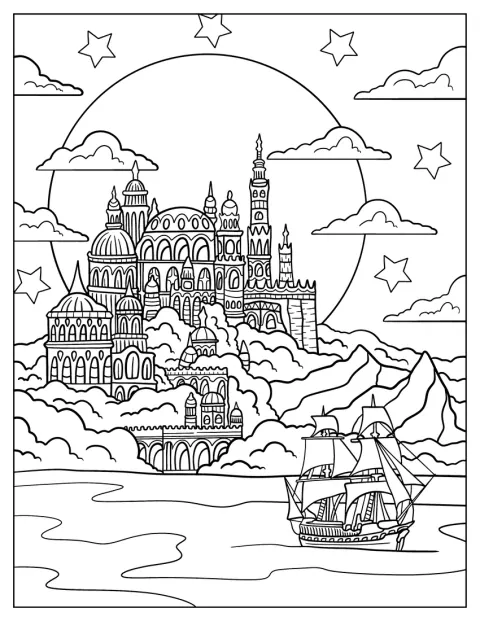 Fantasy Palace By The Sea With A Boat Coloring Sheet