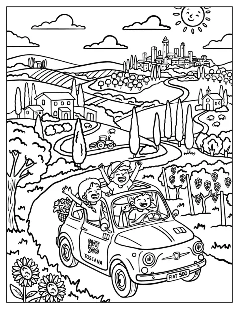 En Fiat 500 kör längs en väg genom Toscanas böljande landskap.