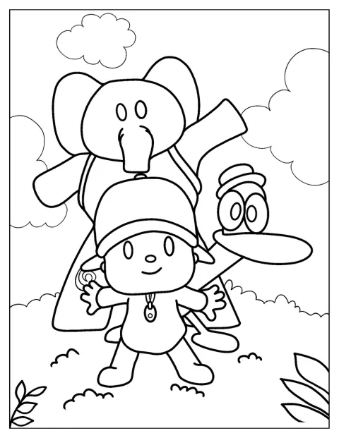 Pocoyo, Elly et Pato jouent ensemble au milieu d’un champ.