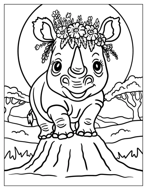 En gullig noshörning bär en krans av blommor på huvudet.