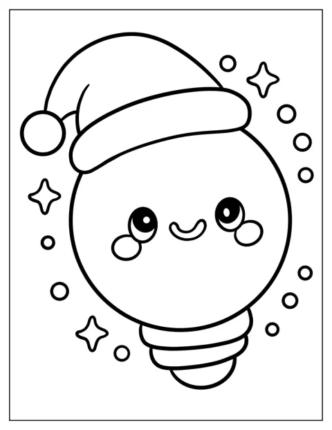 Easy Kawaii Christmas Lights Coloring Page with Santa Hat for Preschoolers