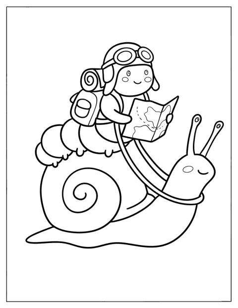Cu rucsac și hartă, o omidă călărește un melc într-o drumeție.