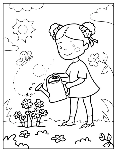 En flicka vattnar blommor i trädgården när våren kommer.