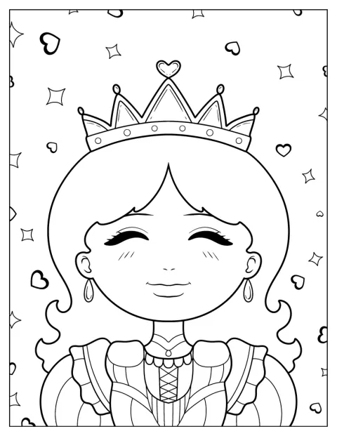 Księżniczka nosi koronę i stoi w królewskim stroju.