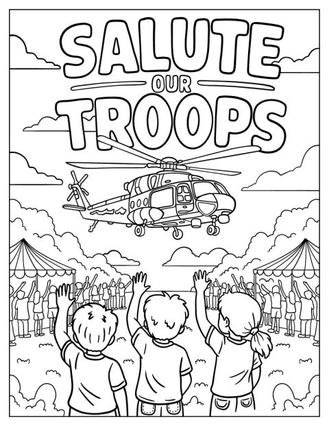 Vrtulník přilétá nad jásajícími dětmi k transparentu „Salute Our Troops“.