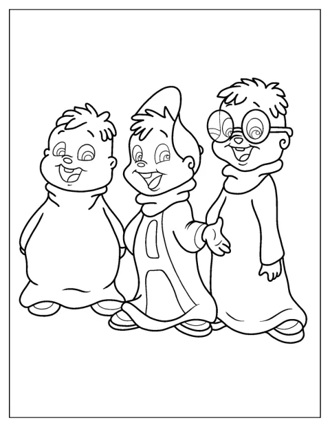 Alvin, Théodore et Simon sont dessinés en contours faciles à suivre.