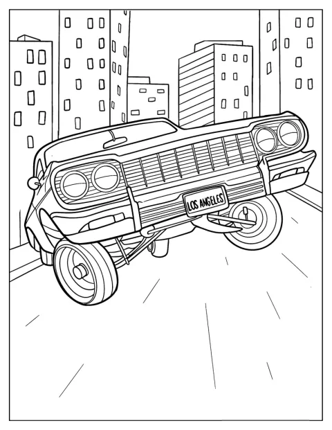 Framifrån syns en lowrider lyfta när den hoppar.