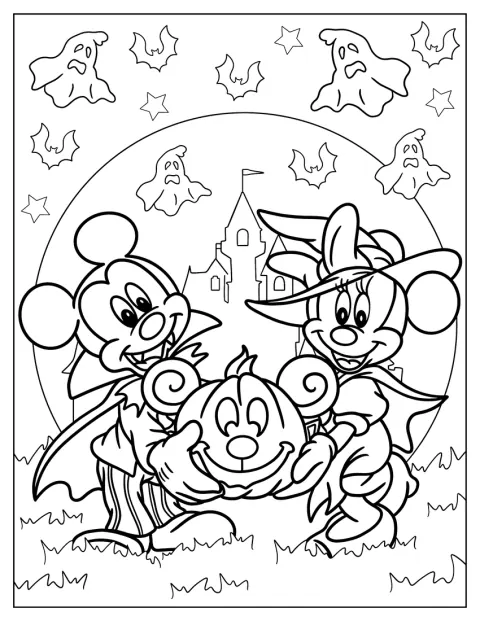 Mickey Mouse jako upír a Minnie Mouse jako čarodějnice drží společně dýni.