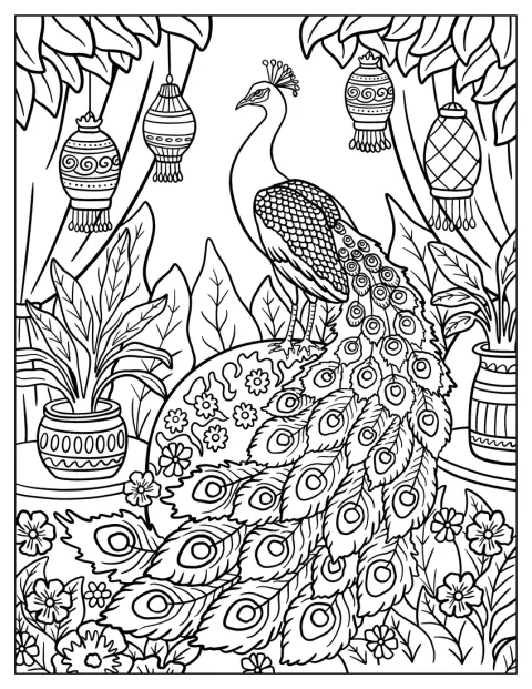 Elegant Peacock Coloring Page Among Hanging Lanterns And Potted Plants