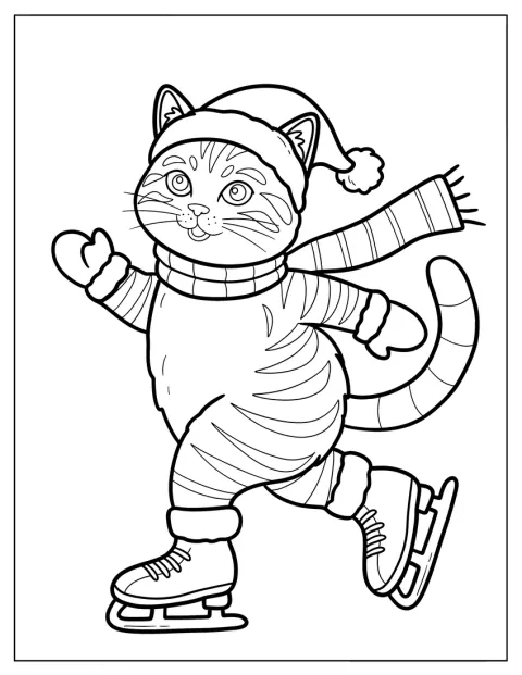 しま模様の猫が、クリスマス飾りを身につけてスケートをしています。