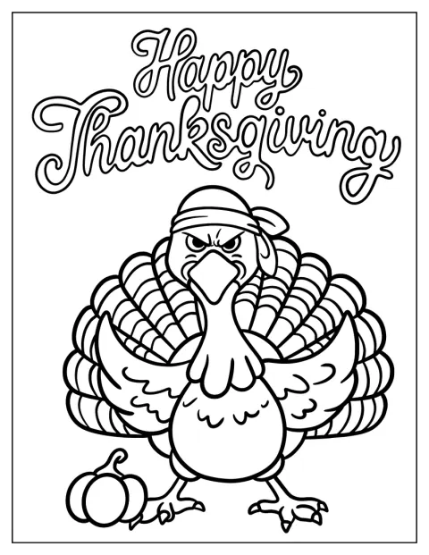 Ein wütender Truthahn steht unter den Worten „Happy Thanksgiving“.