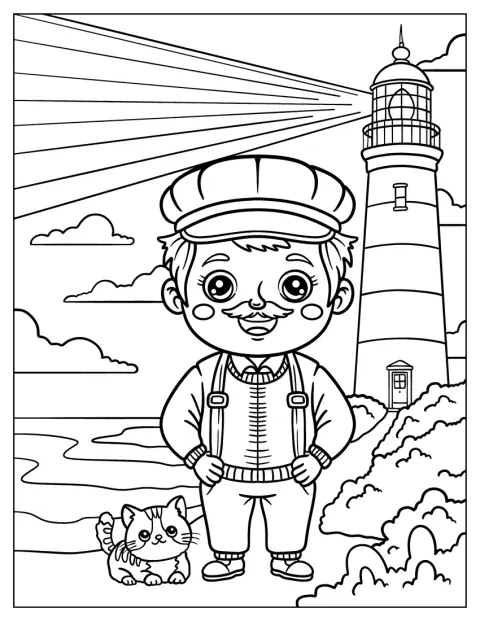 Um faroleiro sorridente está junto a um gato malhado, no exterior do farol.