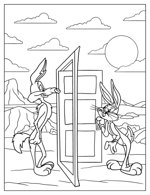 Bugs Bunny otevírá dveře Wile E. Coyoteovi.