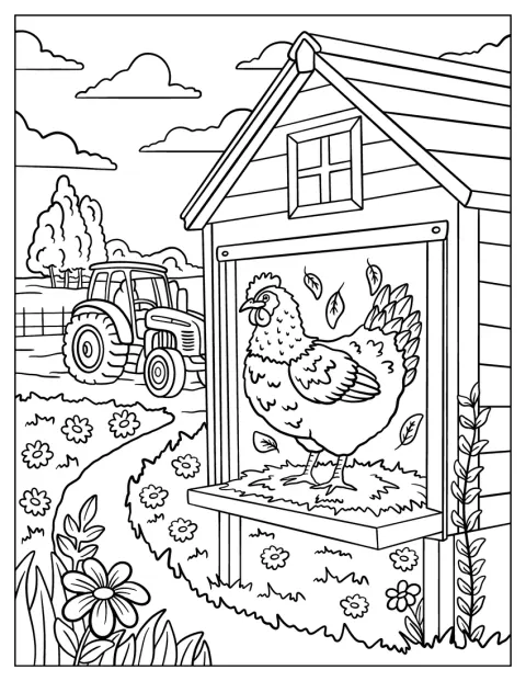 Kana seisoo pesäkopissa kanalan ulkopuolella.