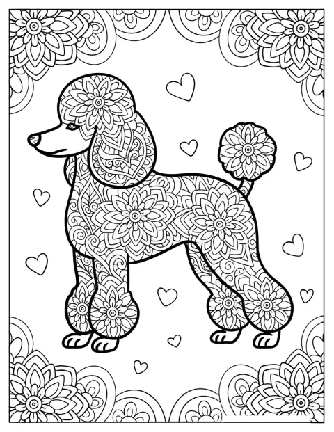 Um caniche decorado com padrões florais e corações forma o centro de uma mandala intrincada.