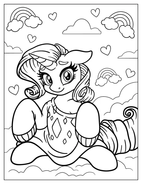Rarity lepää pilvien päällä väljässä villapaidassa.