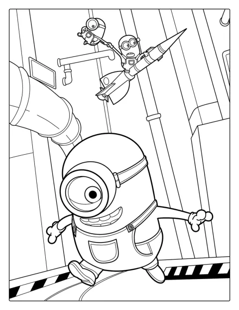 Minionsが秘密の研究室に集まり、実験をしています。