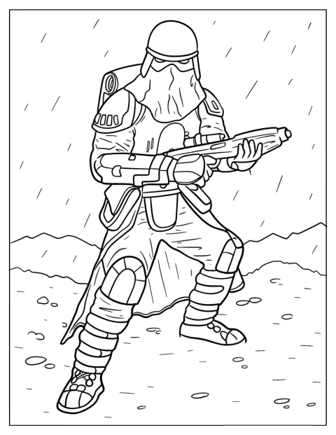 Un Snowtrooper ține un blaster în timp ce plouă.