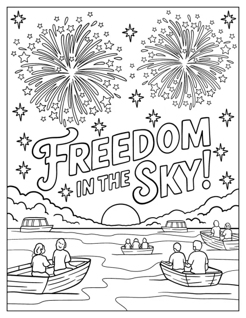 Fyrverkerier lyser över människor i båtar under texten ”Frihet på himlen”.