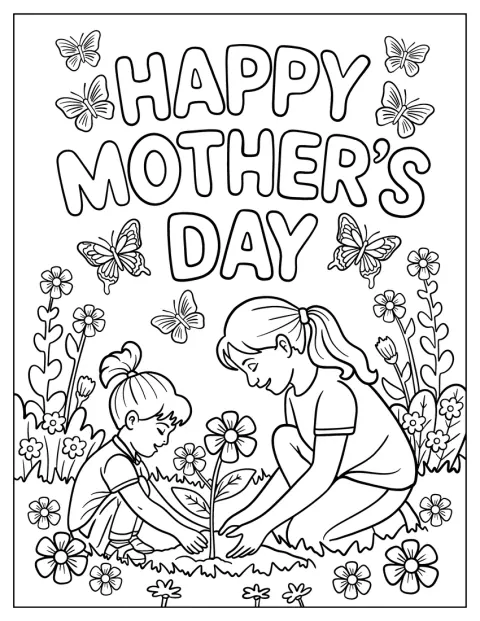 Una madre y su hija plantan flores juntas en el jardín.