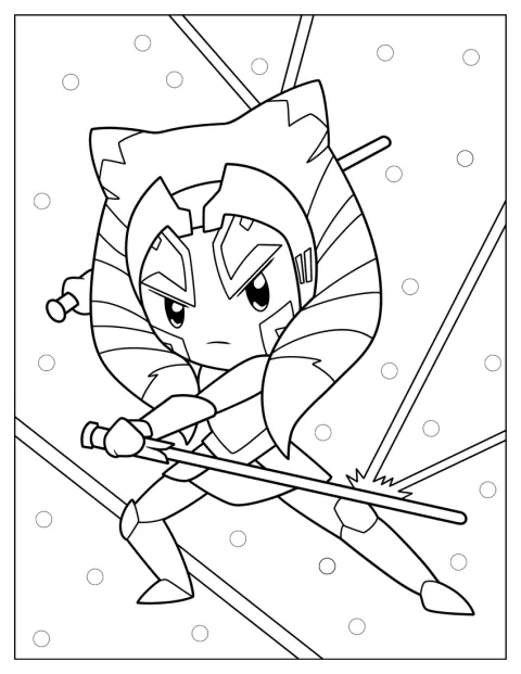 Ahsoka kämpft im Kawaii-Stil mit zwei gezückten Lichtschwertern.