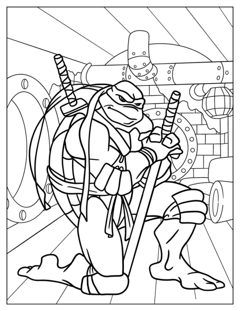 Leonardo s’agenouille au sol en tenant son katana.