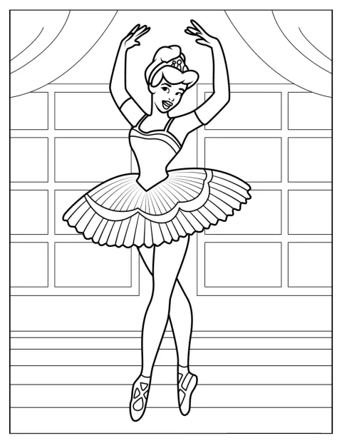 Cendrillon pose en ballerine, vêtue de son costume de danse.