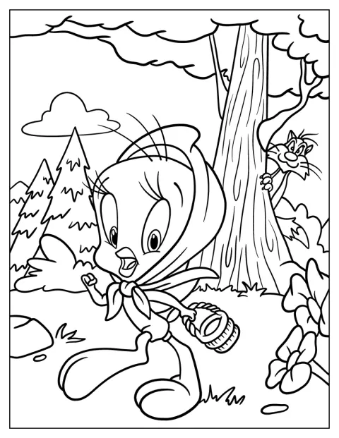 Tweety ist als Rotkäppchen verkleidet, während Sylvester im Hintergrund steht.