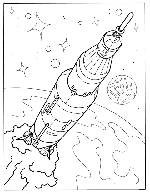 サターンV型ロケットがまっすぐそびえています。