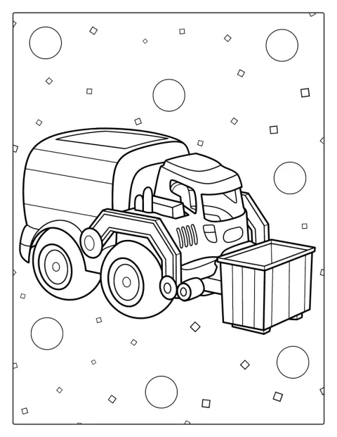 丸い窓と大きな車輪が目を引く、漫画風のゴミ収集車です。