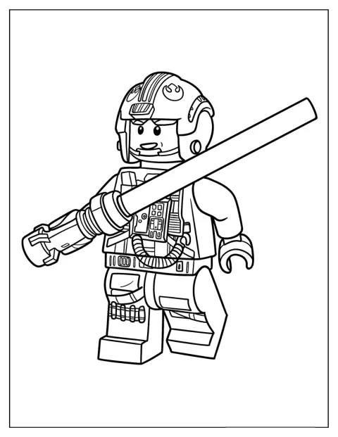 LEGO-Luke Skywalker står som pilot og holder et lyssverd.