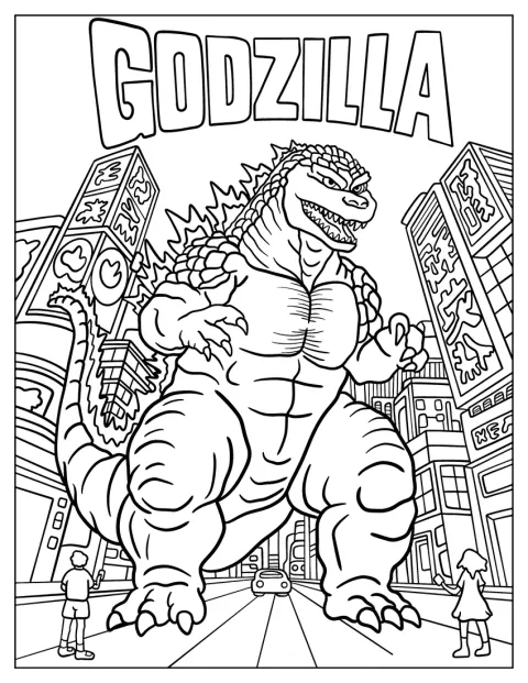 Godzilla rejser sig mellem skyskraberne, mens mennesker står omkring ham.