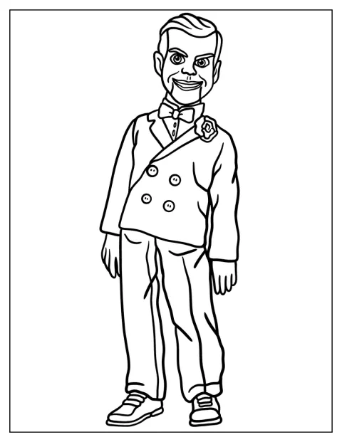 Slappy the Dummy står ensam med ett kusligt leende.