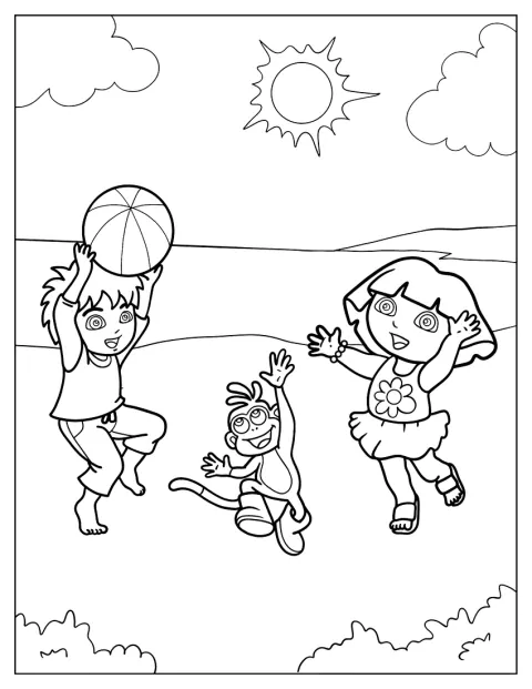 夏の日、ディエゴとブーツ、ドーラがボールで遊んでいます。