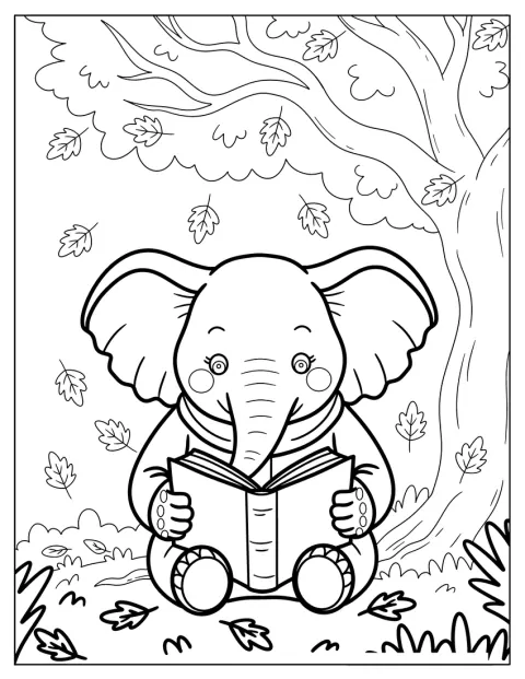 Ein niedlicher Elefant liest ein Buch unter einem Baum, während Blätter fallen.