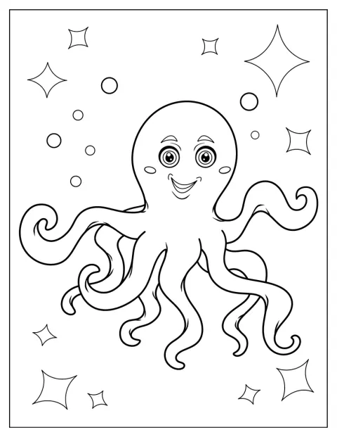Un pulpo sonriente saluda con sus largos tentáculos.