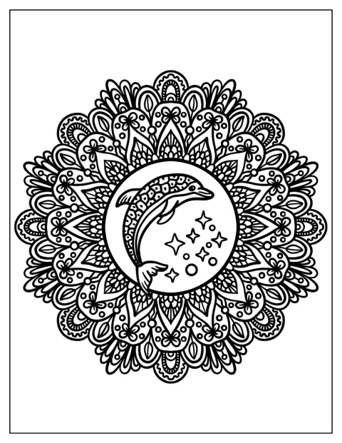 Un dauphin orné de motifs floraux nage au centre d’un mandala.