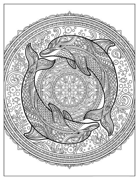Delfin otoczony jest koralowcami, oceanicznymi wzorami i geometrycznymi detalami.