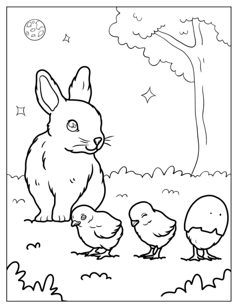 Cute Animals Coloring Page Of Rabbit Watching Ducklings