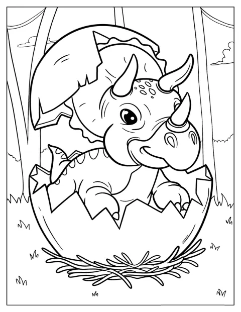 Kreslený Triceratops vykukuje z dinosauřího vejce.