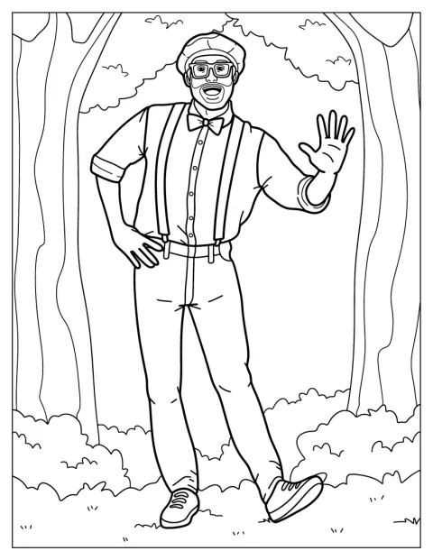 Blippi sourit, vêtu de sa salopette caractéristique.