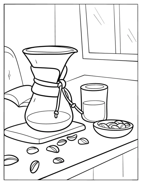 En Chemex-kaffebrygger med filter står ved siden av en skål med bønner.
